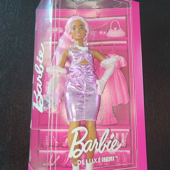 Barbie Other - Barbie Metallic Pink Dress with White Gloves and Headband